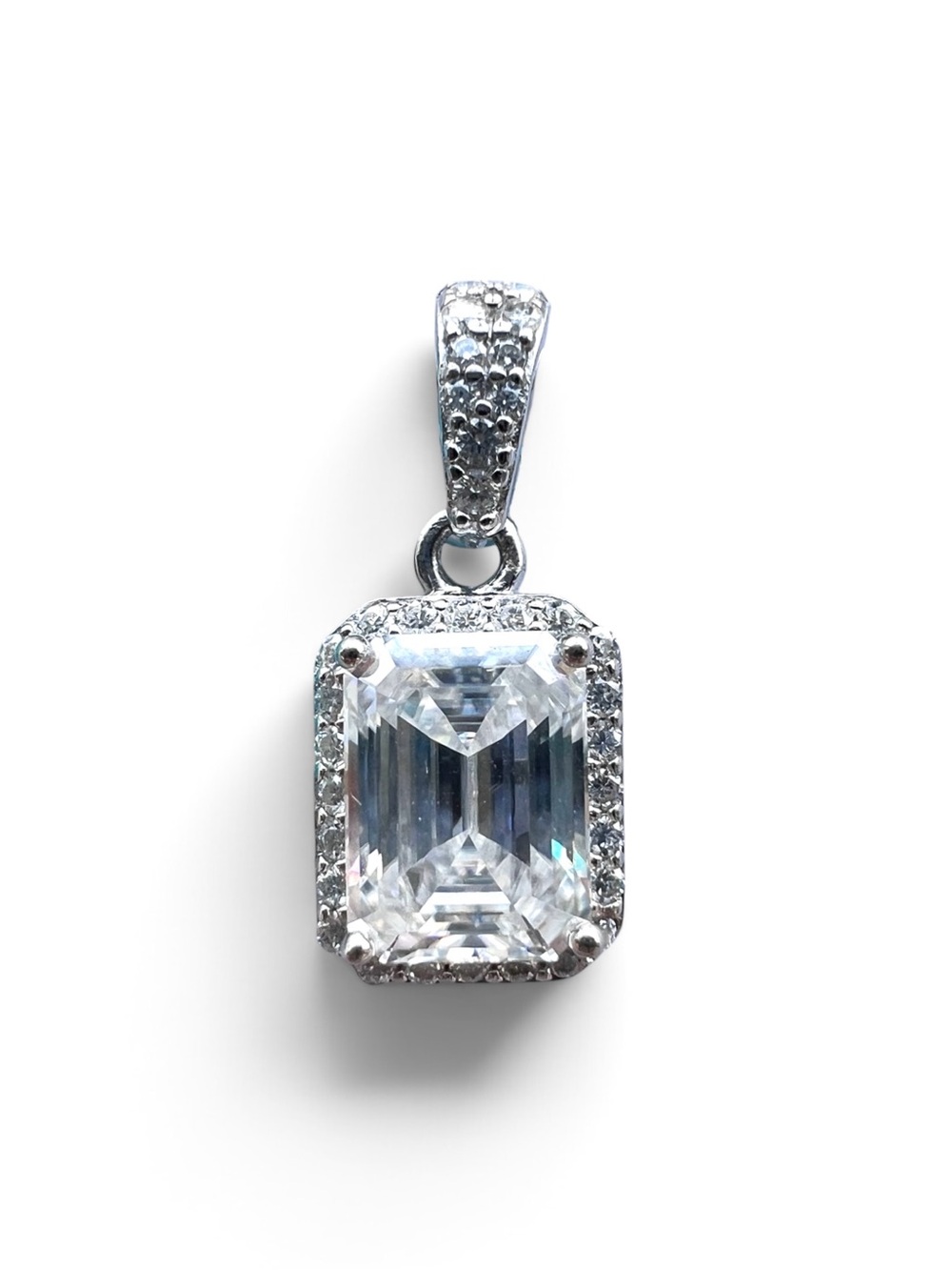 Sterling Silver Halo Emerald Cut Moissanite  Pendant